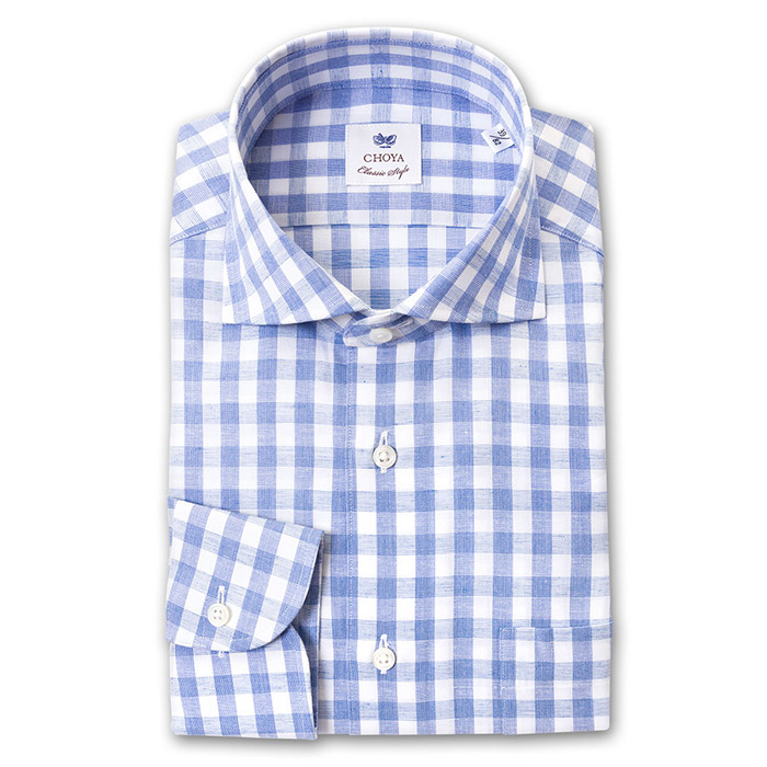 CHOYA Classic Style 長袖スリムフィット ワイドカラー ブルー ワイシャツ