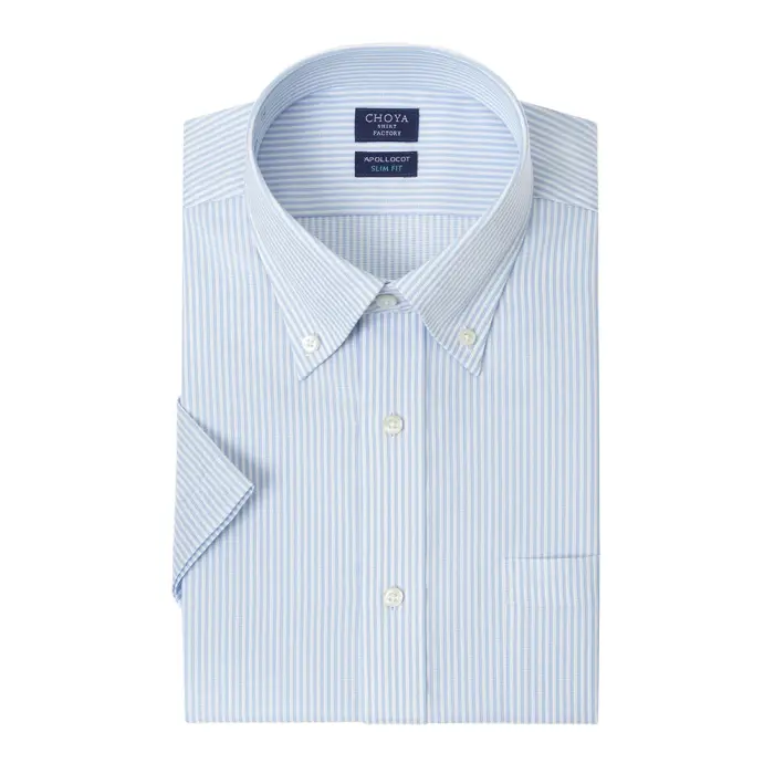 日清紡アポロコット 半袖 ワイシャツ メンズ 夏 形態安定加工 ブルー ストライプ ボタンダウンシャツ スリム |綿100％ ホワイト チョーヤシャツ 
