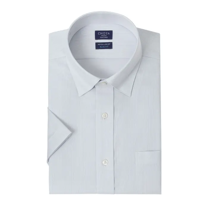 日清紡アポロコット 半袖 ワイシャツ メンズ 夏 形態安定加工 グレー ドビー ストライプ スナップダウンシャツ スリム |綿100％ ホワイト チョーヤシャツ 