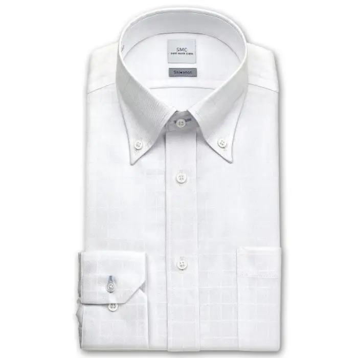 Shiwanon 長袖 ワイシャツ メンズ 春夏秋冬 形態安定加工 白ドビーチェック ボタンダウンシャツ|綿50% ポリエステル50% ホワイト