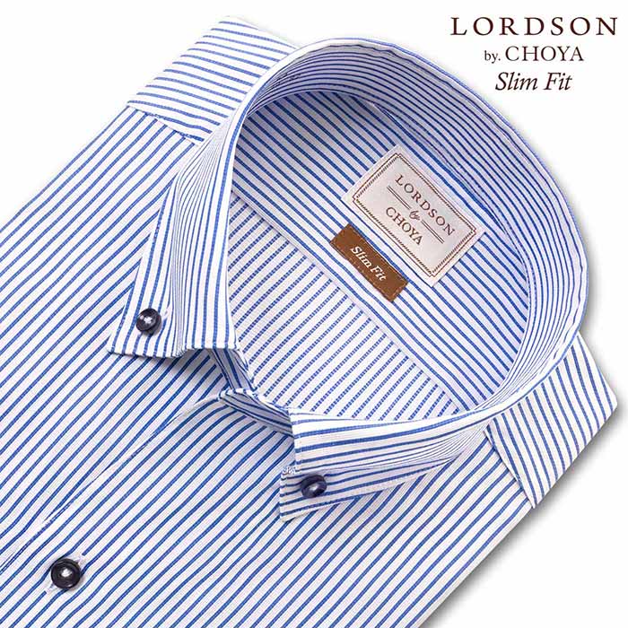 LORDSON by CHOYA スリムフィット 長袖スキッパーカラーボタンダウン ブルー ワイシャツ