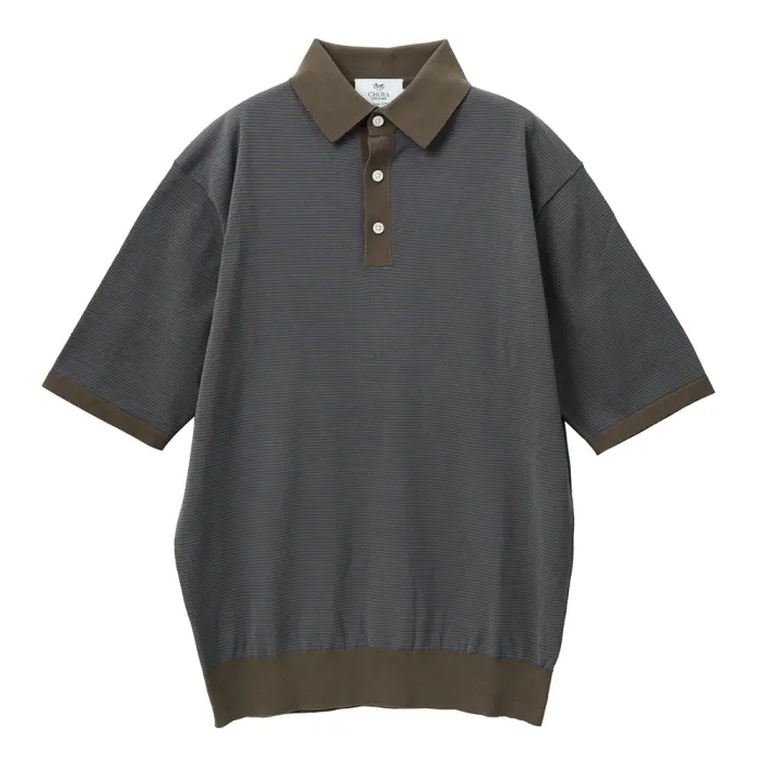 ニットシャツ CHOYA URBAN STYLE  ニット 鹿の子ニット 半袖 ポロシャツ ボーダー ブラウン 抗菌 防臭 綿100％