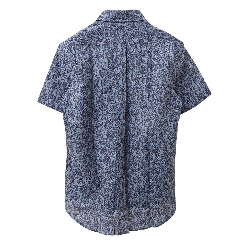 CHOYA URBAN STYLE カジュアルシャツ 半袖 ボタンダウン リネン 麻 花柄 フラワー ブルー ネイビー