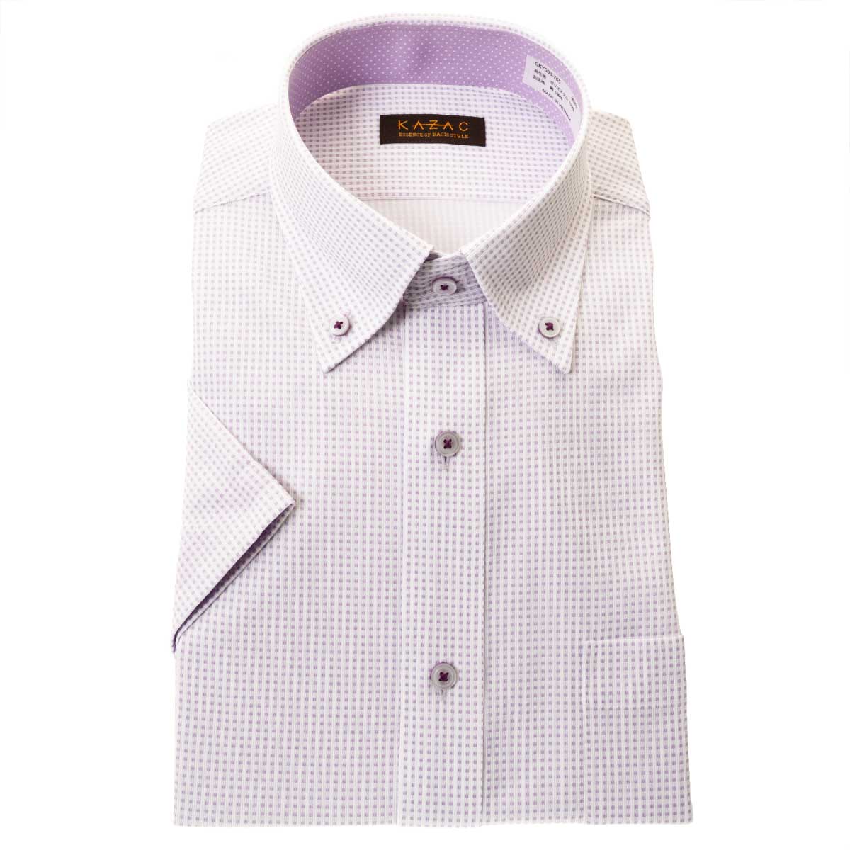 KAZAC 半袖 ニットシャツ(裄詰不可)ボタンダウン パープル ワイシャツ