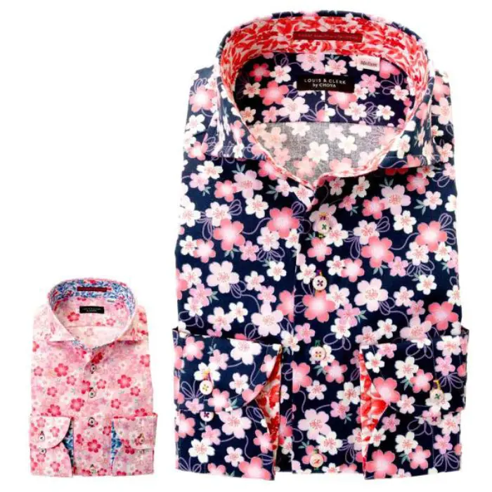 国産長袖綿100％ドレスシャツ レギュラーフィット カッタウェイ 和柄 桜 ピンク胸ポケット有