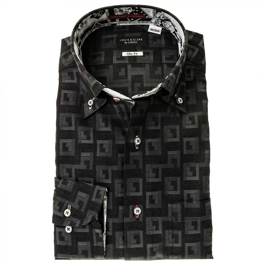 ワイシャツ スリムフィット 幾何 ブラック ジャカード   LOUIS & CLERK