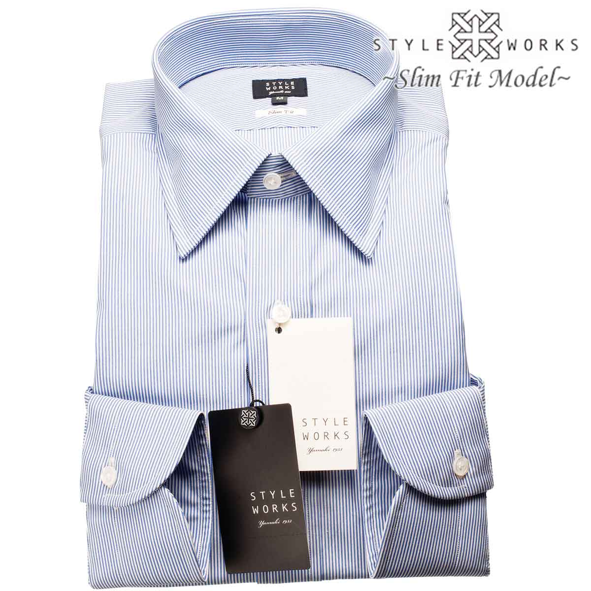 長袖レギュラーカラー ブルー ワイシャツ スリムフィット STYLE WORKS