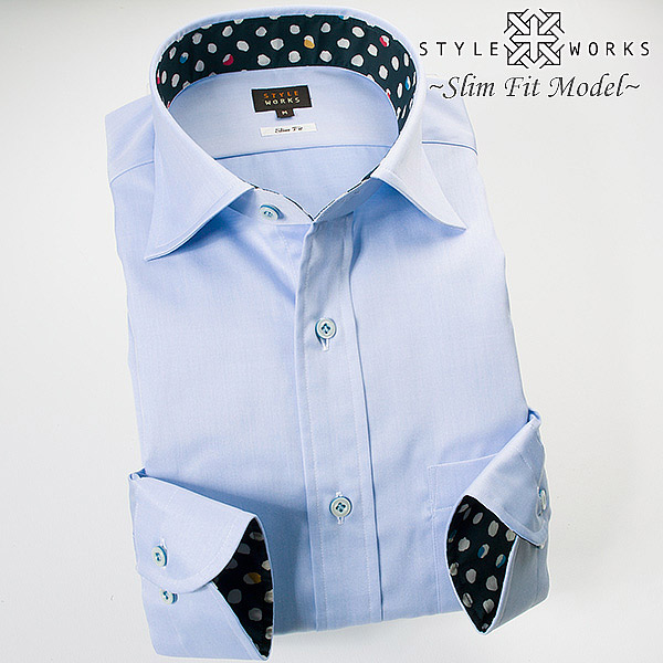 STYLE WORKS(スタイルワークス) 長袖ワイドカラー ブルー ワイシャツ