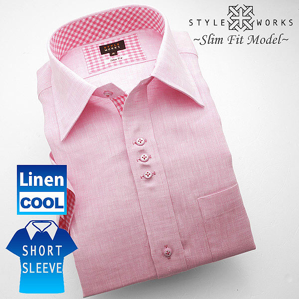半袖セミワイドカラー ピンク ワイシャツ スリムフィット STYLE WORKS