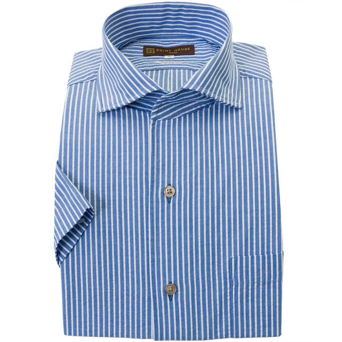 SHIRT HOUSE・ブラウンレーベル 半袖 イタリアンカラー 隠しボタンダウン ブルー ワイシャツ