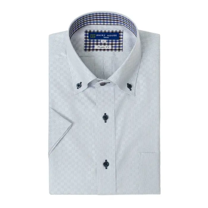 ワイシャツ 形態安定 半袖シャツ 消臭 吸水速乾 ブルー 市松 ボタンダウン レギュラーフィット 表前立て 半袖メンズ Yシャツ