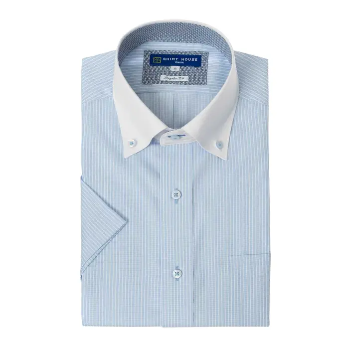ワイシャツ 形態安定 半袖シャツ 消臭 吸水速乾 ブルー ストライプ クレリック ボタンダウン レギュラーフィット 表前立て 半袖 メンズ Yシャツ