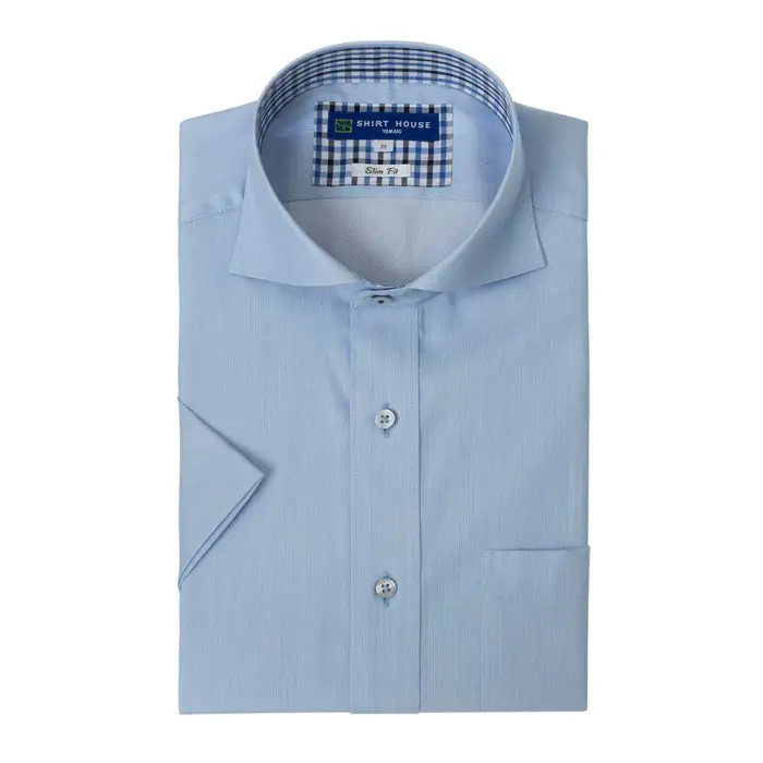 ワイシャツ 形態安定 半袖シャツ 消臭 吸水速乾 ブルー カッタウェイ スリムフィット 表前立て 半袖 メンズ Yシャツ
