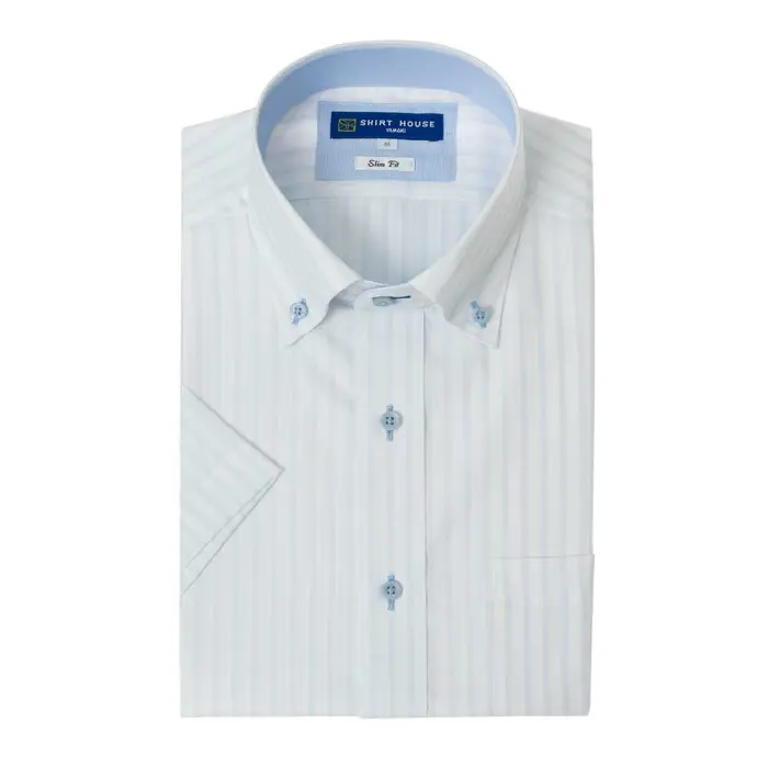 ワイシャツ 形態安定 半袖シャツ 消臭 吸水速乾 ブルー ストライプ ボタンダウン スリムフィット 表前立て 半袖 メンズ Yシャツ