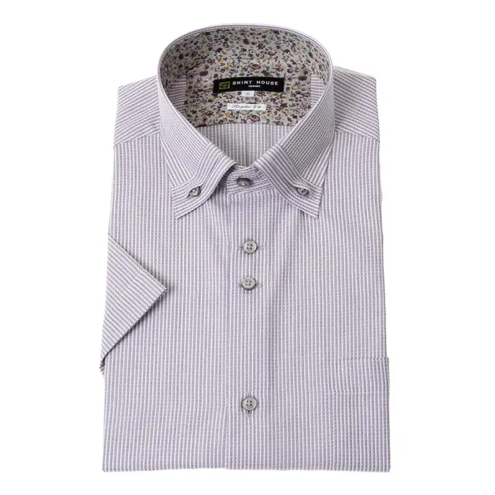 ワイシャツ 形態安定 半袖シャツ 消臭 パープル マイター ボタンダウン レギュラーフィット 裏前立て 半袖 メンズ Yシャツ