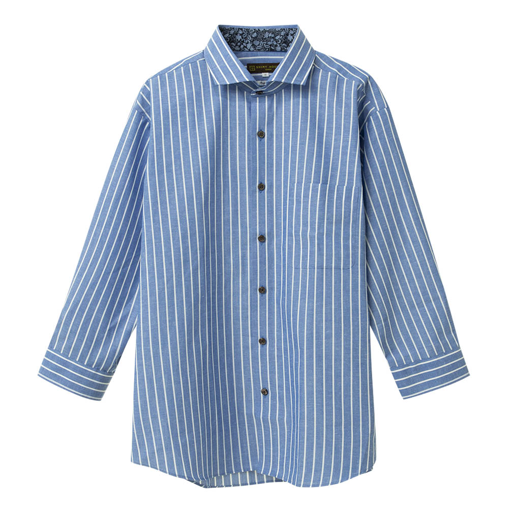 ワイシャツ イージーケア 七分袖 青 ブルー ストライプ ワイドカラー