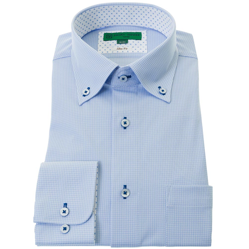 ニットシャツ(裄詰不可) チェック ブルー ニット 吸水速乾 スリムフィット SHIRT HOUSE・グリーンレーベル