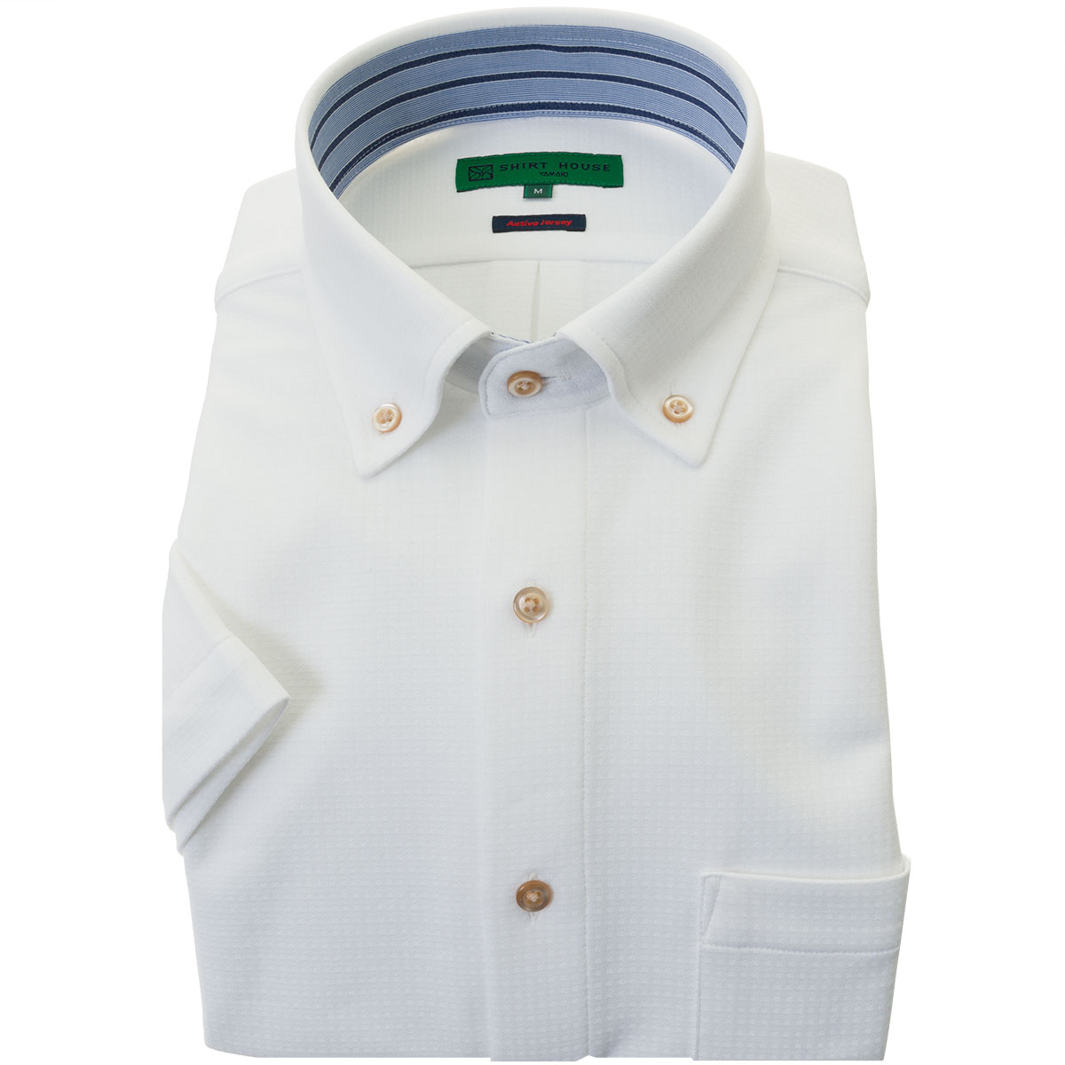 SHIRT HOUSE・グリーンレーベル（シャツハウス） 半袖 ニットシャツ(裄詰不可)ボタンダウン ホワイト ワイシャツ