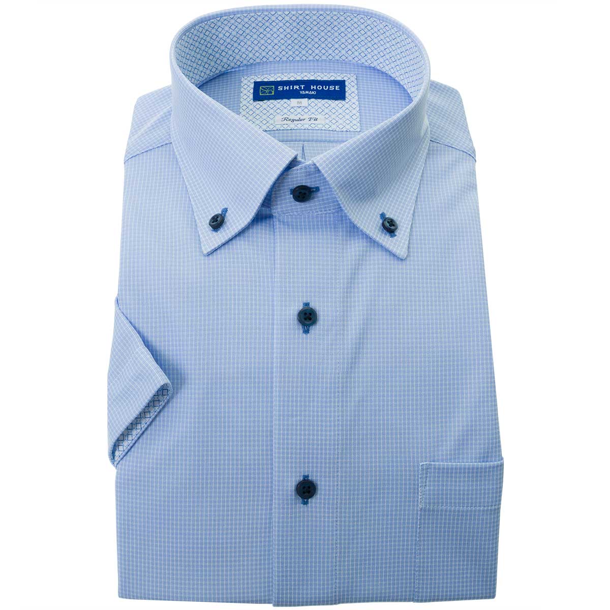 SHIRT HOUSE・ブルーレーベル 半袖 ニットシャツ(裄詰不可)ボタンダウン ブルー ワイシャツ