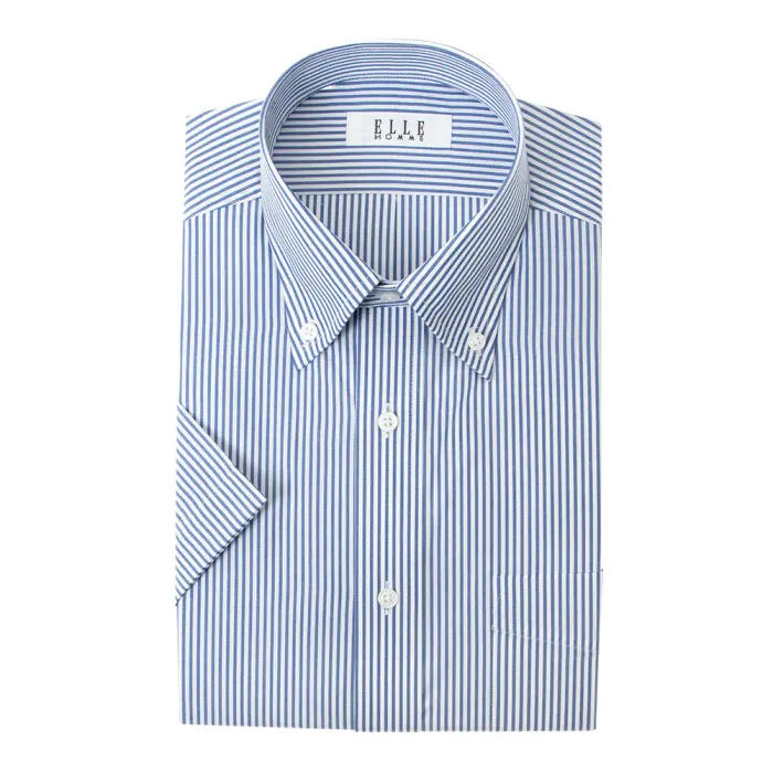 ELLE HOMME 半袖 ワイシャツ メンズ 夏 形態安定 白 ブルー ストライプ 青 ボタンダウン |綿 ポリエステル クールビズ 