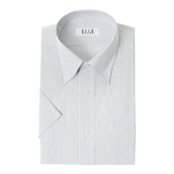 ELLE HOMME 半袖 ワイシャツ メンズ 夏 形態安定 青 グレー ストライプ スナップダウン |綿 ポリエステル クールビズ 
